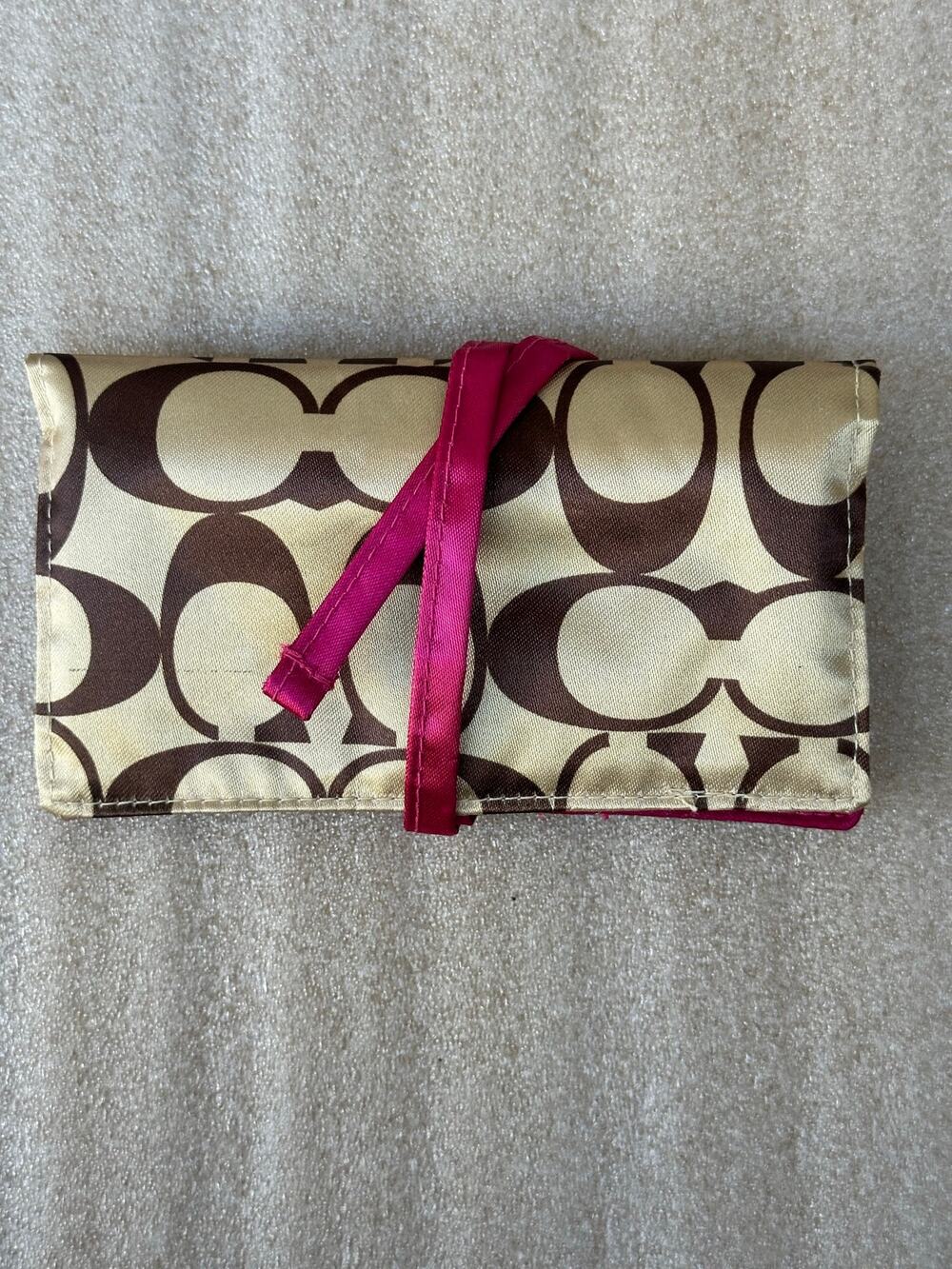 Coach Signature C Logo Jewelry Roll Travel Organizer Bright Pink Brown Cream